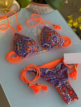2022 Gėlių Spausdinti String Tvarstis Bikini Nustatyti Maudymosi Kostiumėliai Moterims Vasaros Seksualus Push-Up Maudymosi Kostiumas, Paplūdimio Apynasrio Biqiuni Maudymosi Kostiumėlį