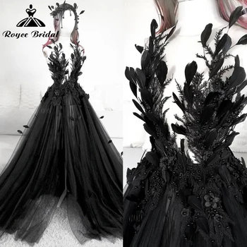 Gothic Black-Line Vestuvių Suknelės 2023 Aukšto Pusėje Padalinta Backless Vestuvinės Suknelės Tiulio su Plunksna derliaus vestidos de novia skraiste
