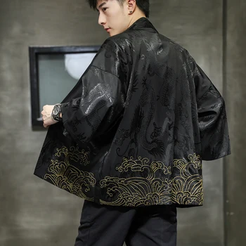 Kinų Stiliaus Megztinis Dragon Spausdinti Vyrų Yukata Samurajus Kimono Streetwear Marškinėliai Ledo Šilko Apsauga nuo Saulės, Striukę Švarkelis