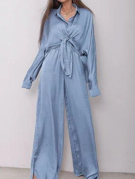 Linad Laisvi moteriški naktiniai drabužiai Mėlyna 2 Gabalas Rinkiniai ilgomis Rankovėmis Sleepwear Moterų Laisvalaikio Kelnių Kostiumai 2022 M. Žiemos Kietas Pižama