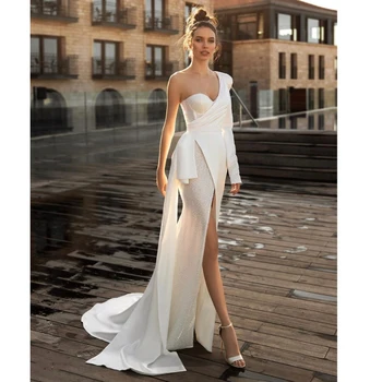 Modernus Vieno Peties Vestuvių Suknelės Valymo Traukinio Undinė Vestuvinės Suknelės Blizgučiai China Satino Oficialų Backless Suknelė Vestido De Novia