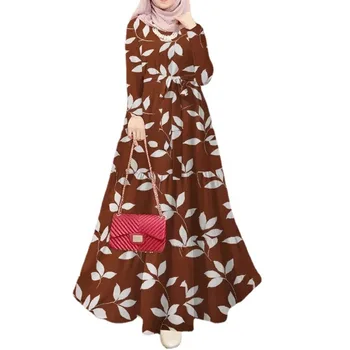 Moterų Musulmonų suknelė lapų modelio spausdinti suknelė ilgomis rankovėmis Islamo suknelės mergaitėms suknelė muslimah drabužiai moterims, drabužiai