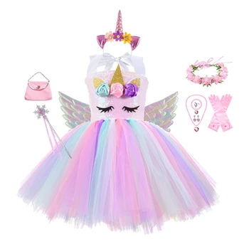 Princesė Merginos Vienaragis Tutu Suknelė Komplektus Pastelinių Gėlių Baby Girl Gimtadienio Suknelės Tiulio Vaikai Cosplay Kostiumai Helovinas