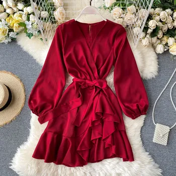 Satino Suknelė Moterims Šilko Pynimas Mini Suknelė Moteriai V-Kaklo, Ilgomis Rankovėmis Rudenį, Pavasarį 2022 Korėjos Derliaus Elegantiškas Suknelės, Šaliai, Raudona