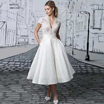 Seksualus, Trumpas Vestuvių Suknelės 2022 Bžūp Rankovėmis V-kaklo, Nėriniai Appliques Mygtuką Elegantiškas Satino Nuotakos Suknelė Plius Dydžio Drabužius De Mariee