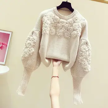 Trimatis gėlių siuvinėjimo, mezgimo moterų 2021 m. rudens žiemos naujas stilius tingus vėjas žibintų rankovėmis megztinis